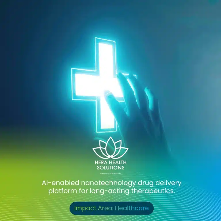 Hera Health Solutions: AI-enabled nanotechnology drug delivery platform for long-acting therapeutics. Impact area: Healthcare.