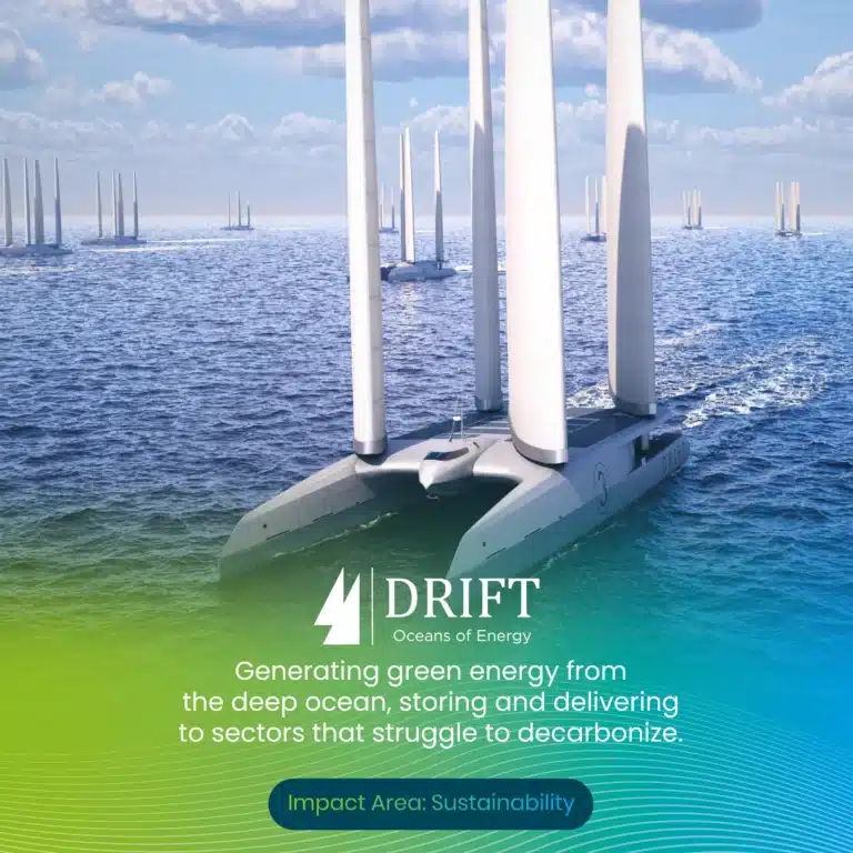 Drift: generating green energy from the deep ocean, storing and delivering it to sectors that struggle to decarbonize. Impact area: Sustainability.