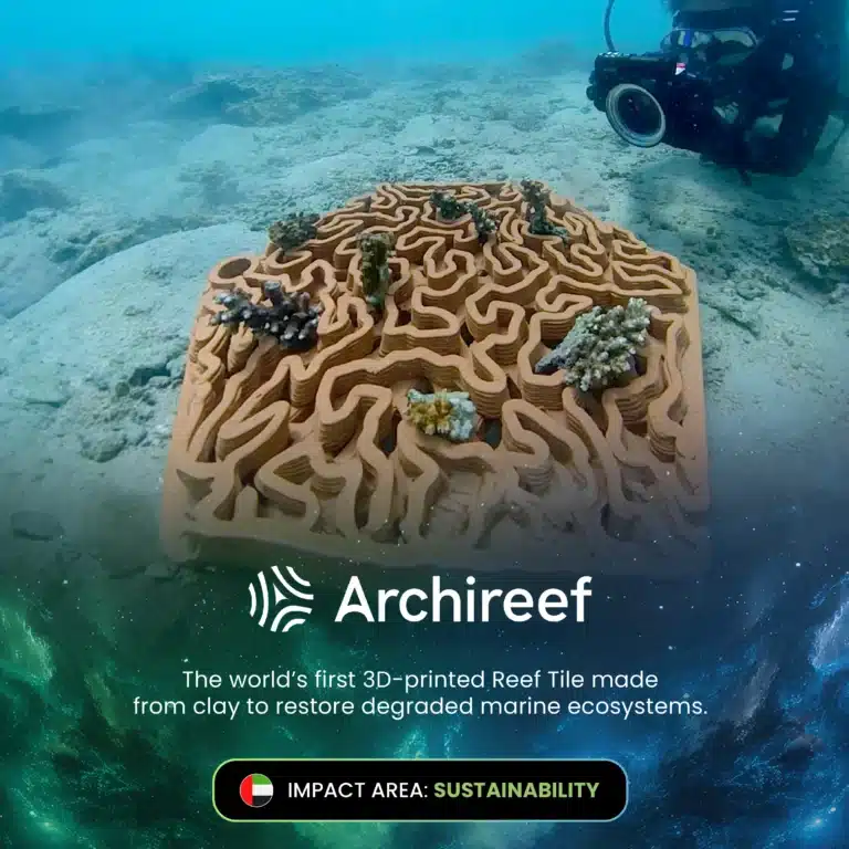 Archireef: the world's first 3D-printed reef tile made from clay to restore degraded marine ecosystems. Impact area: Sustainability.