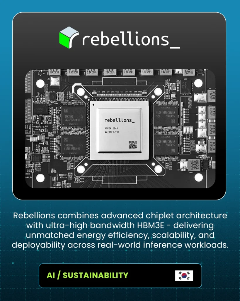 Rebellions: chiplet architecture with ultra-high bandwidth HBM3E for energy-efficient, scalable AI inference. AI / Sustainability, South Korea.