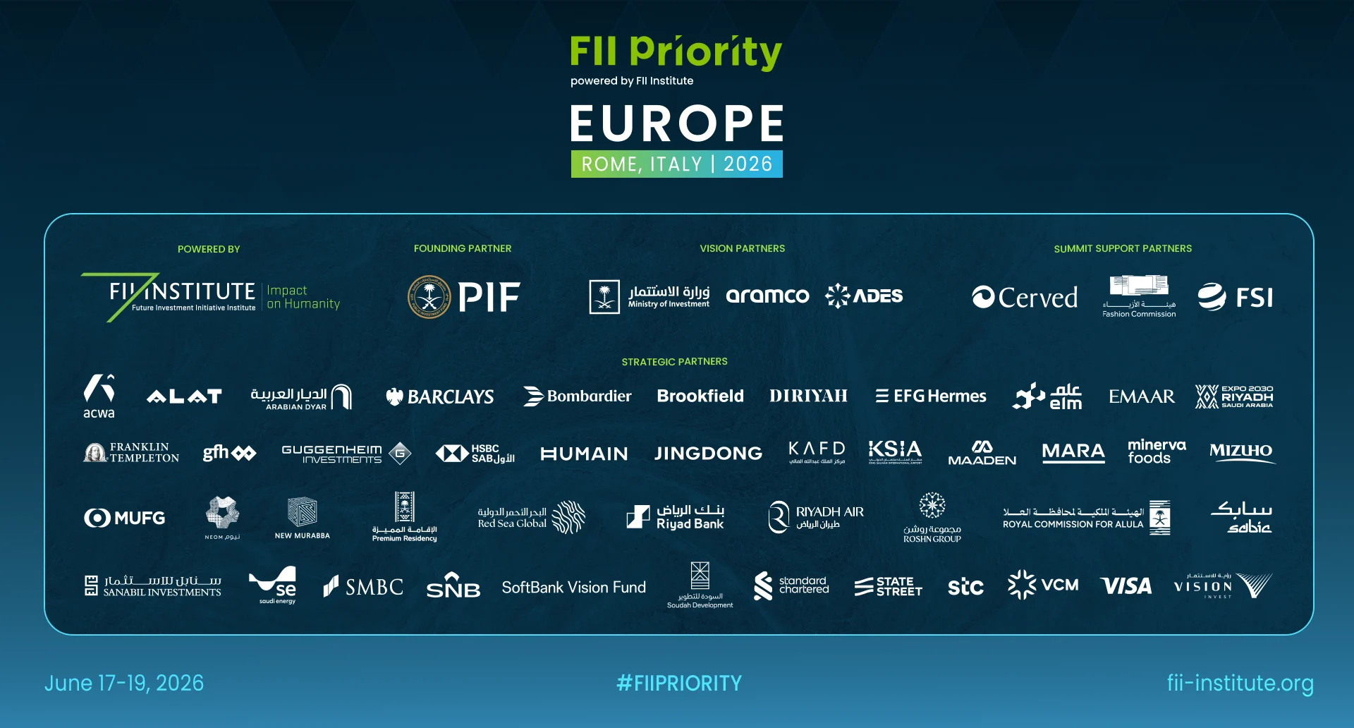 FII Institute's Strategic Partners Banner for FII PRIORITY Europe 2026 Summit