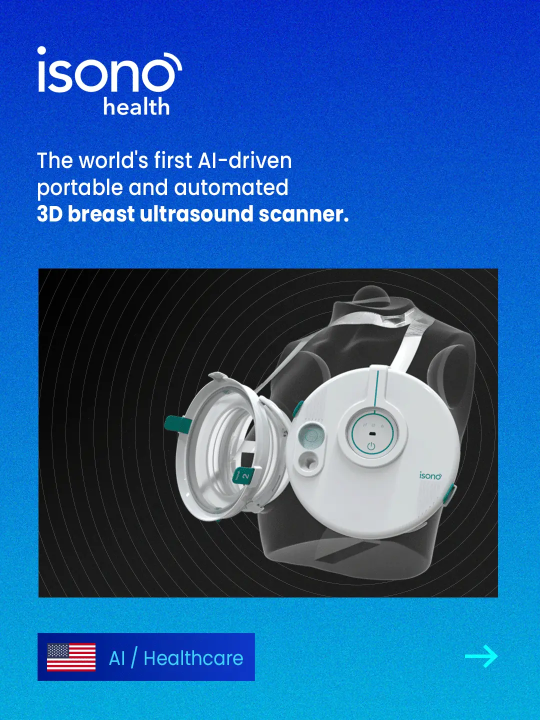 iSono Health: the world's first AI-driven portable and automated 3D breast ultrasound scanner. United States, AI / Healthcare.